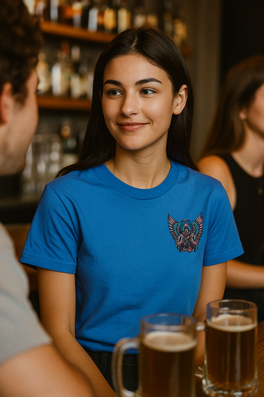 Woman wearing graphic tee in a bar