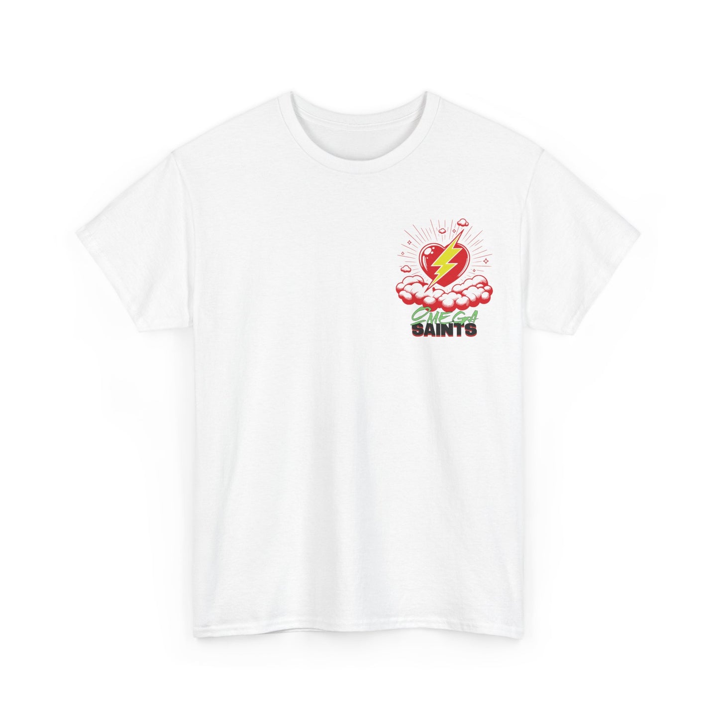 Lightning Heart T-Shirt – Small Heart & Bolt Graphic on Chest – Omega Saints Logo – Gildan 5000 Unisex Tee