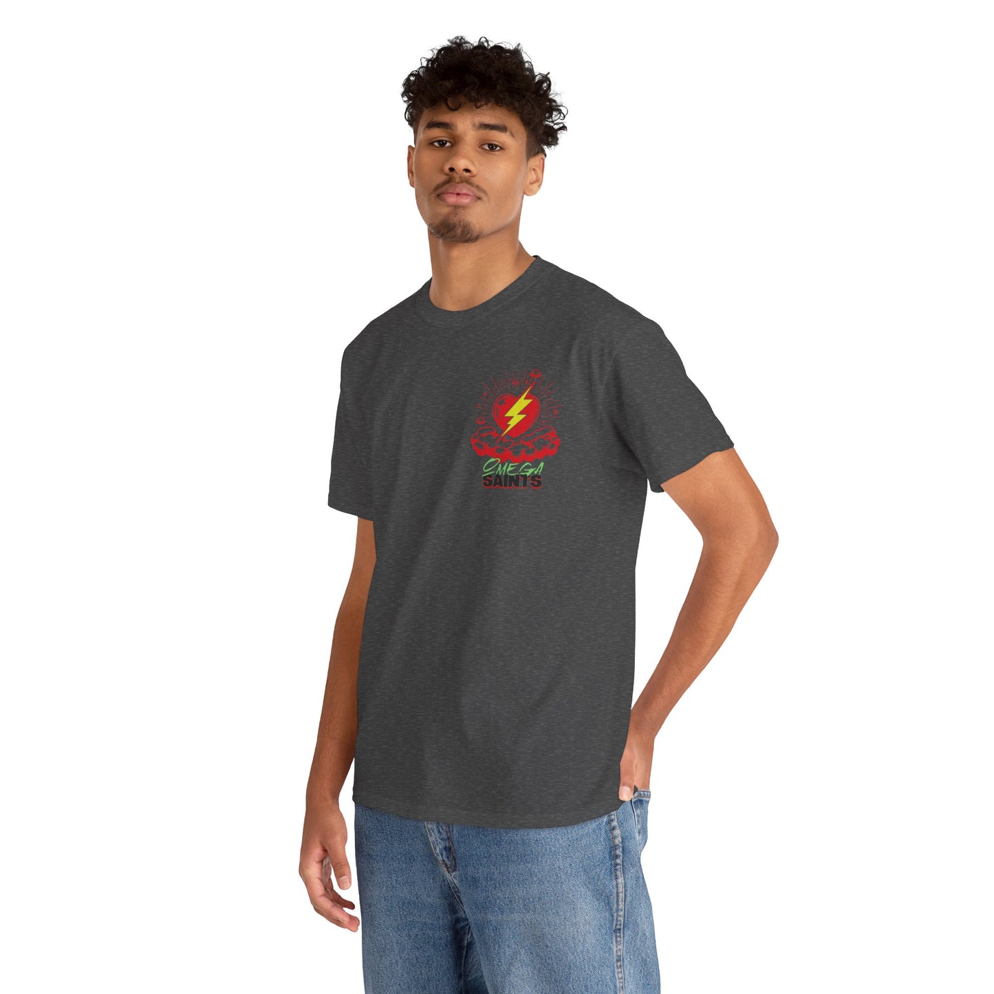 Lightning Heart T-Shirt – Small Heart & Bolt Graphic on Chest – Omega Saints Logo – Gildan 5000 Unisex Tee