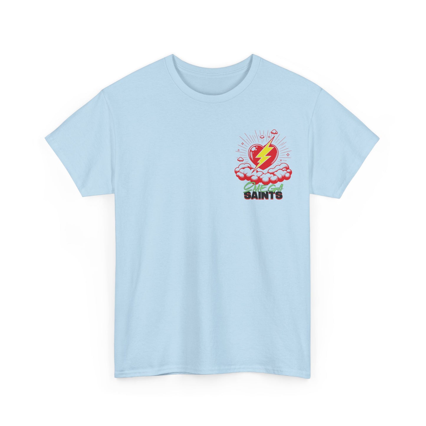 Lightning Heart T-Shirt – Small Heart & Bolt Graphic on Chest – Omega Saints Logo – Gildan 5000 Unisex Tee