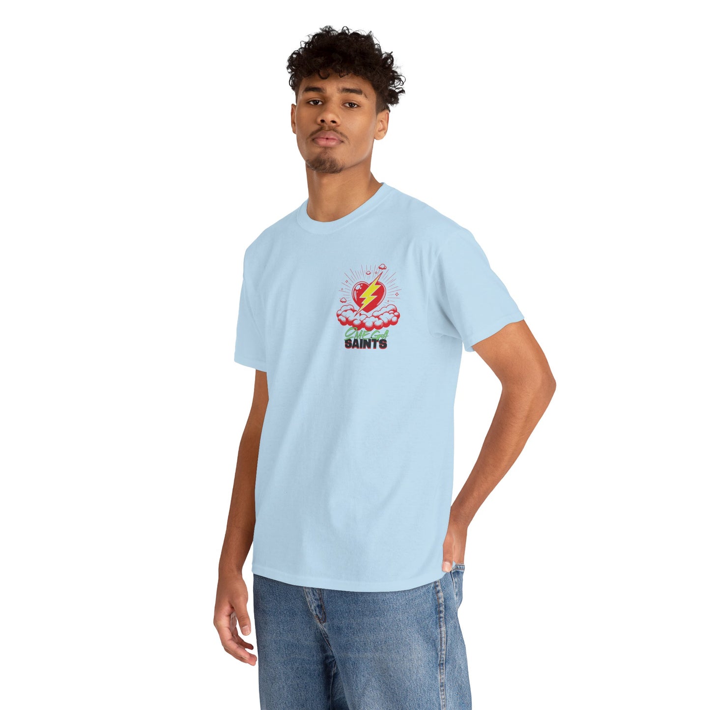Lightning Heart T-Shirt – Small Heart & Bolt Graphic on Chest – Omega Saints Logo – Gildan 5000 Unisex Tee