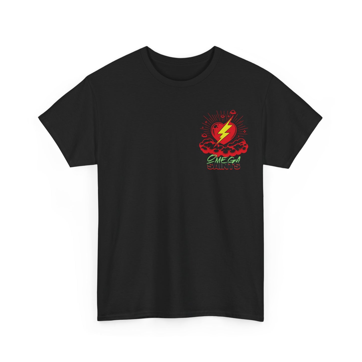 Lightning Heart T-Shirt – Small Heart & Bolt Graphic on Chest – Omega Saints Logo – Gildan 5000 Unisex Tee