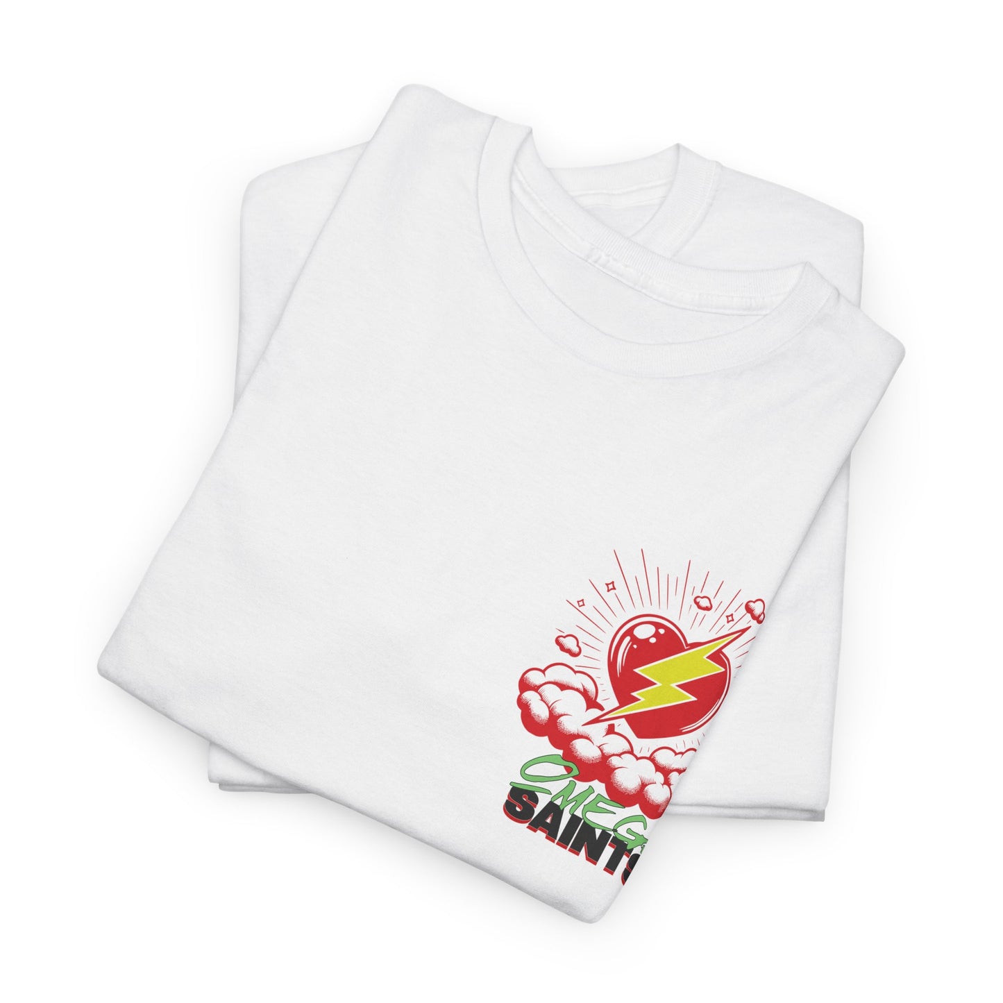 Lightning Heart T-Shirt – Small Heart & Bolt Graphic on Chest – Omega Saints Logo – Gildan 5000 Unisex Tee