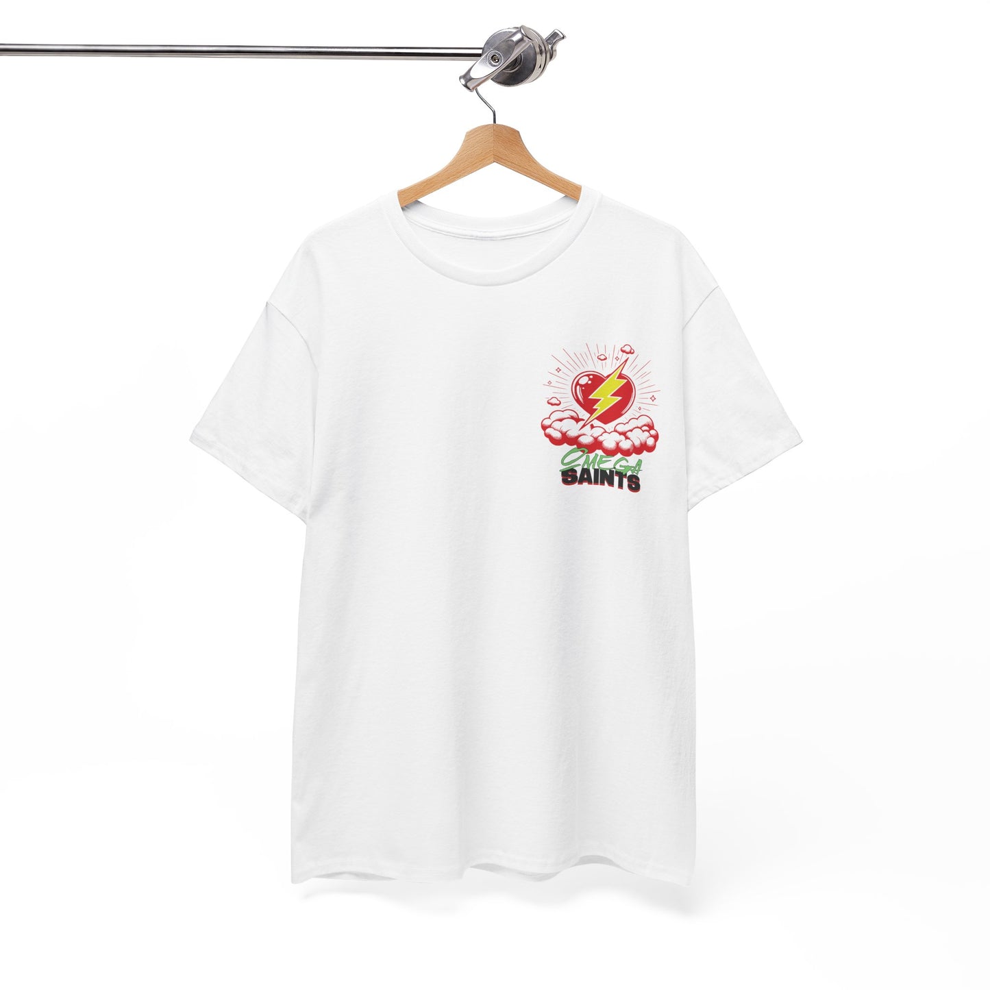 Lightning Heart T-Shirt – Small Heart & Bolt Graphic on Chest – Omega Saints Logo – Gildan 5000 Unisex Tee