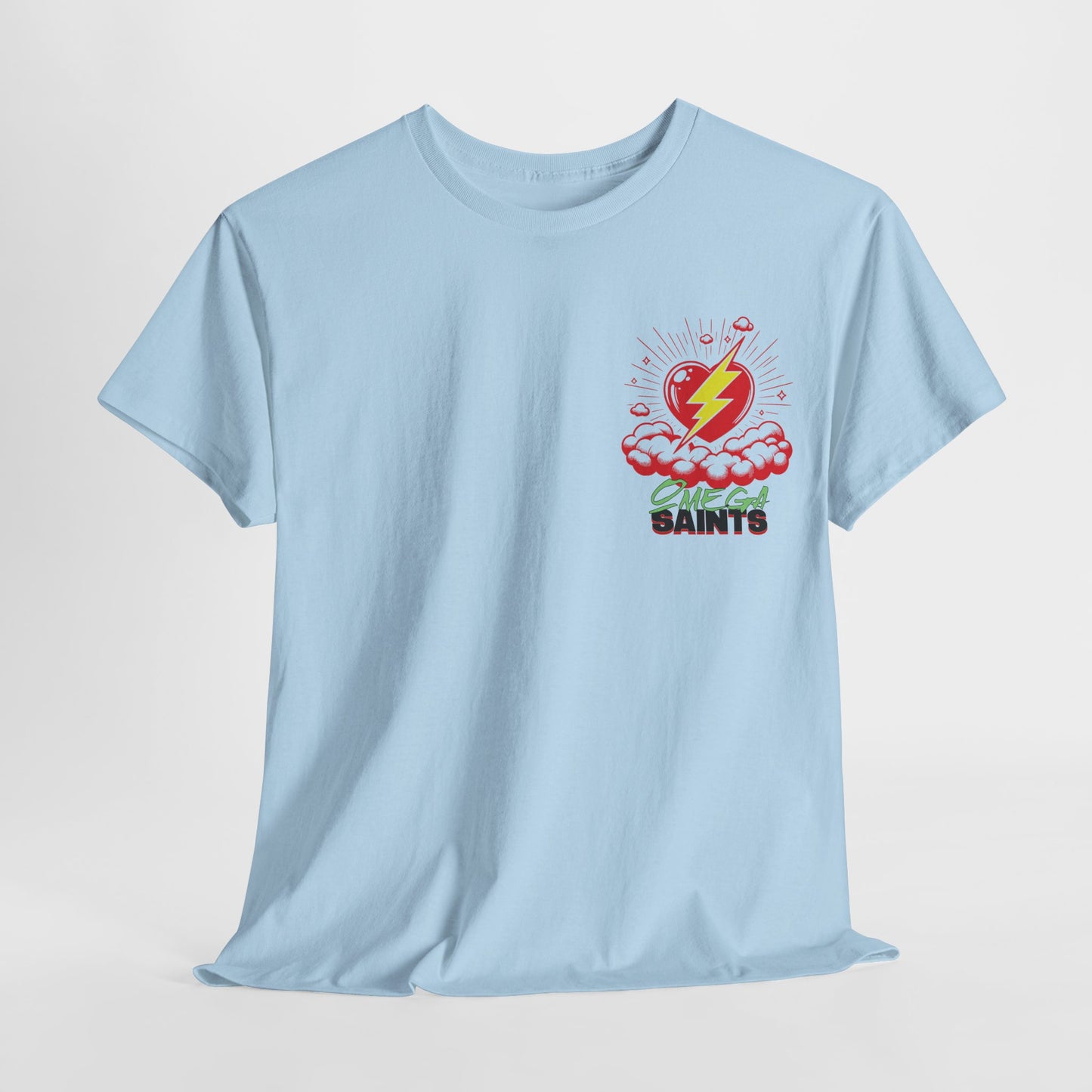 Lightning Heart T-Shirt – Small Heart & Bolt Graphic on Chest – Omega Saints Logo – Gildan 5000 Unisex Tee