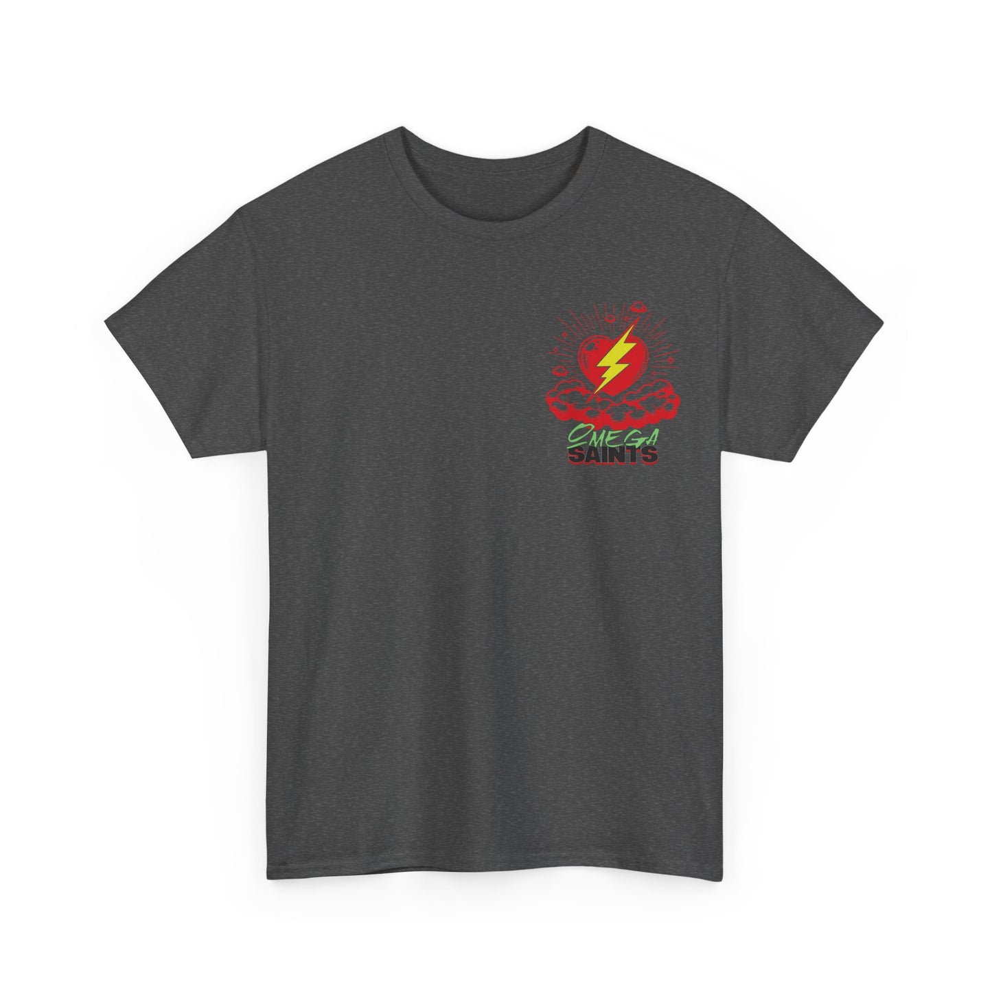 Lightning Heart T-Shirt – Small Heart & Bolt Graphic on Chest – Omega Saints Logo – Gildan 5000 Unisex Tee