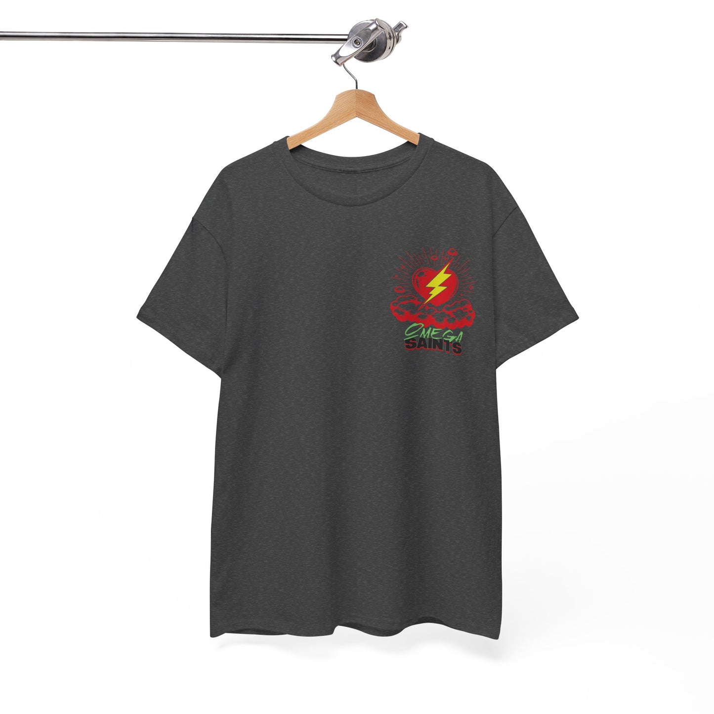 Lightning Heart T-Shirt – Small Heart & Bolt Graphic on Chest – Omega Saints Logo – Gildan 5000 Unisex Tee