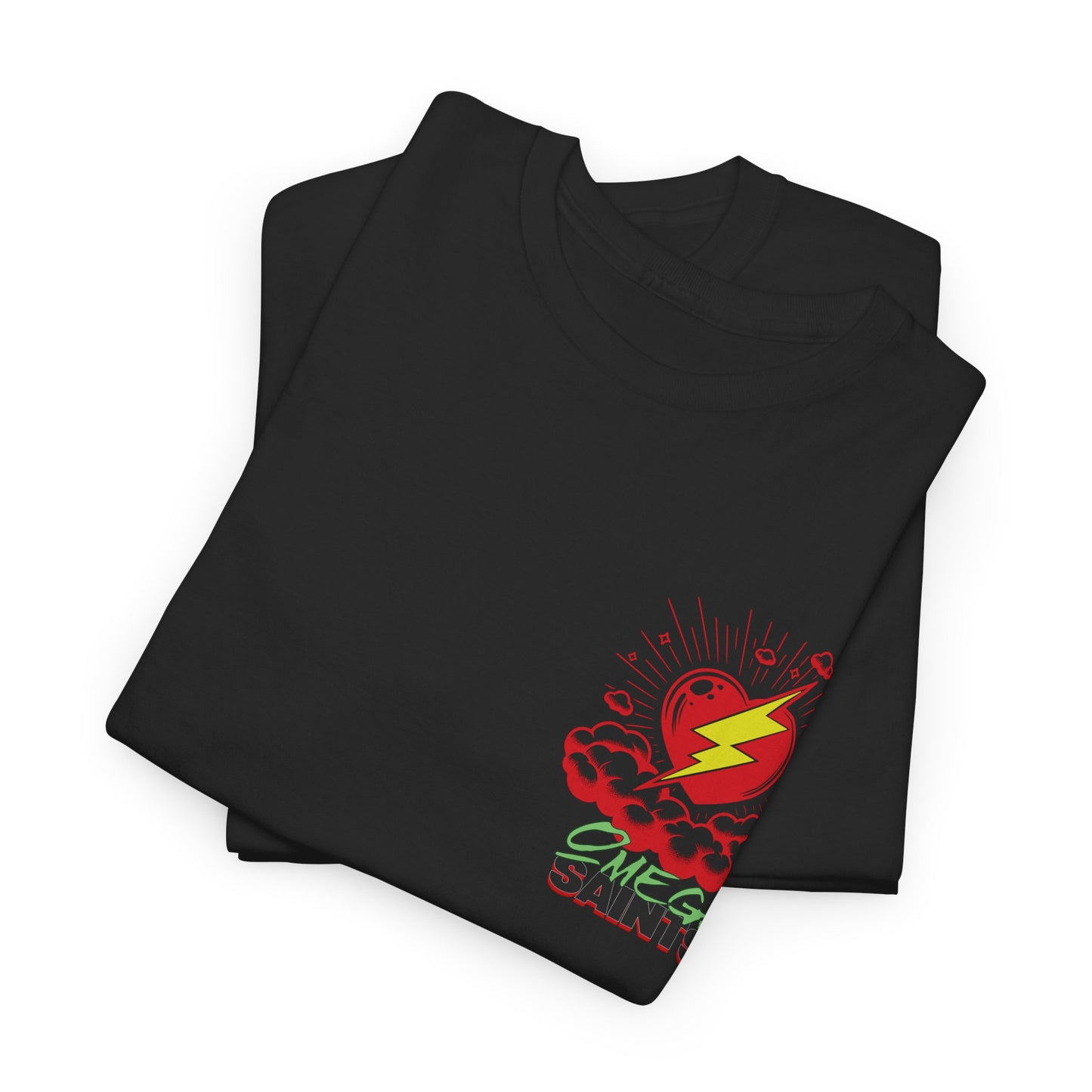 Lightning Heart T-Shirt – Small Heart & Bolt Graphic on Chest – Omega Saints Logo – Gildan 5000 Unisex Tee