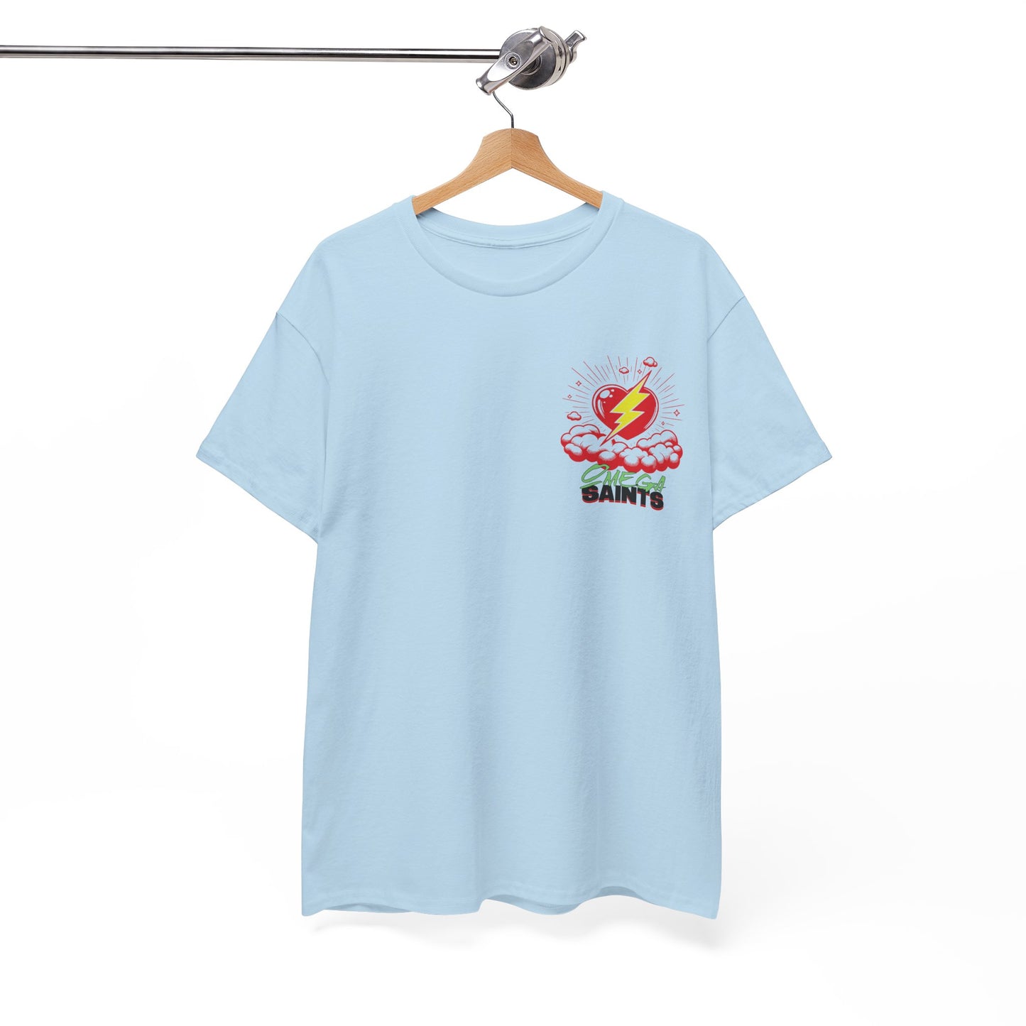 Lightning Heart T-Shirt – Small Heart & Bolt Graphic on Chest – Omega Saints Logo – Gildan 5000 Unisex Tee