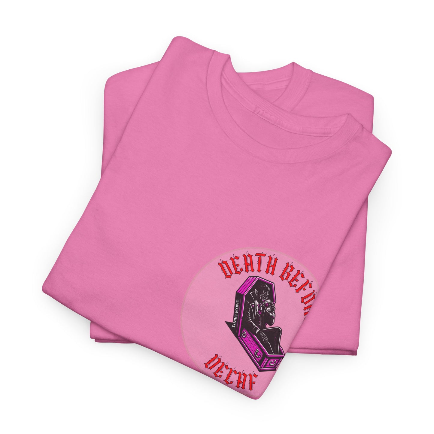 Death Before Decaf | Dracula Coffee T-Shirt Printed T Shirt detail tertiary pink close
