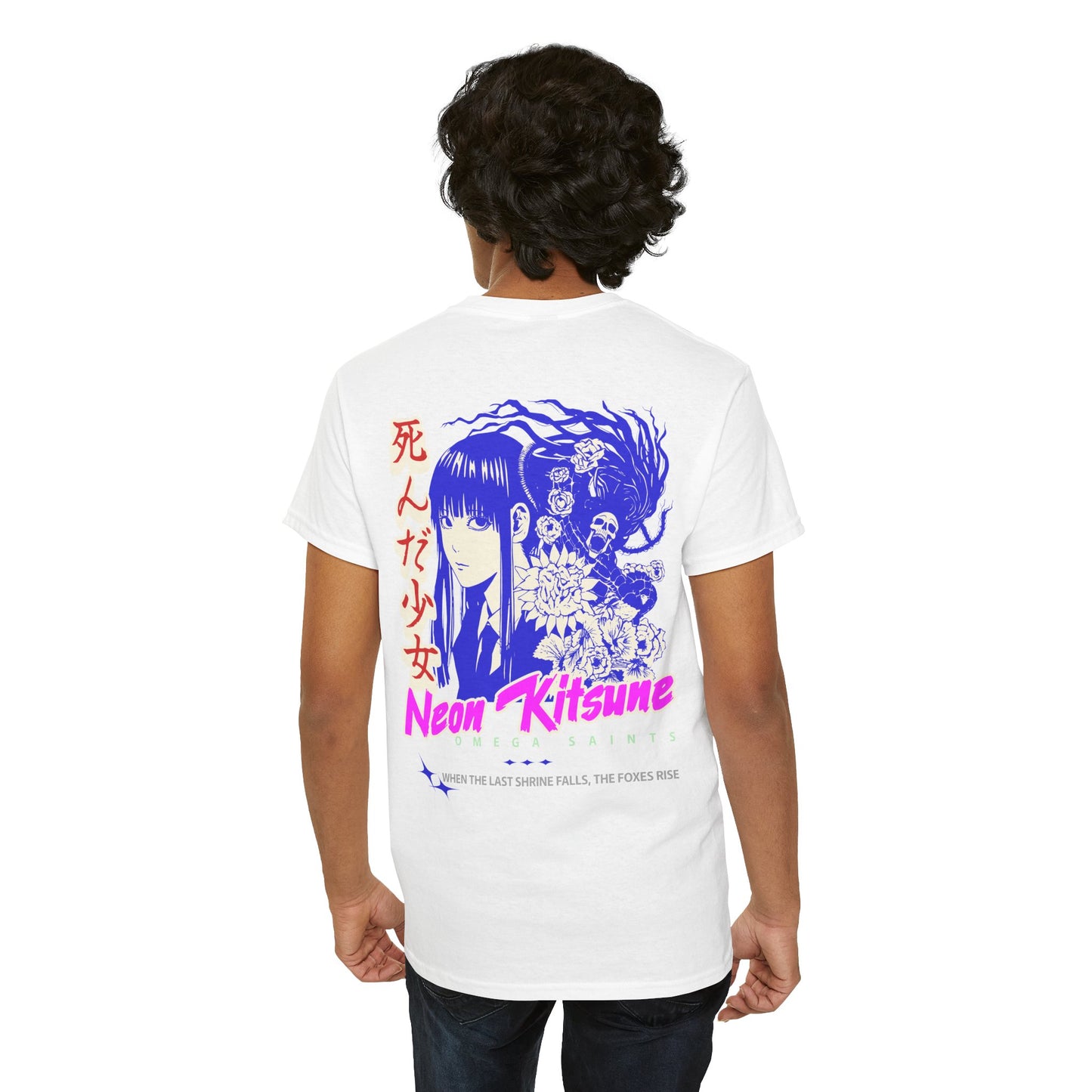 Japanese Anime Neon Kitsune Printed Shirt Custom Printed Shirt White Person Back