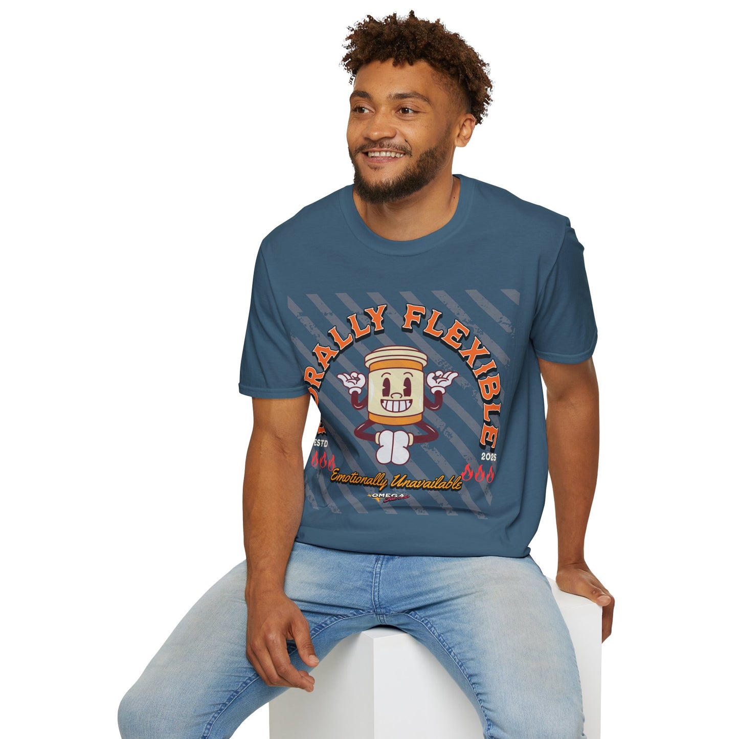 Morally Flexible, Emotionally Unavailable Printed T-Shirt – Funny Gen Z Coffee Yoga Tee Grey Blue