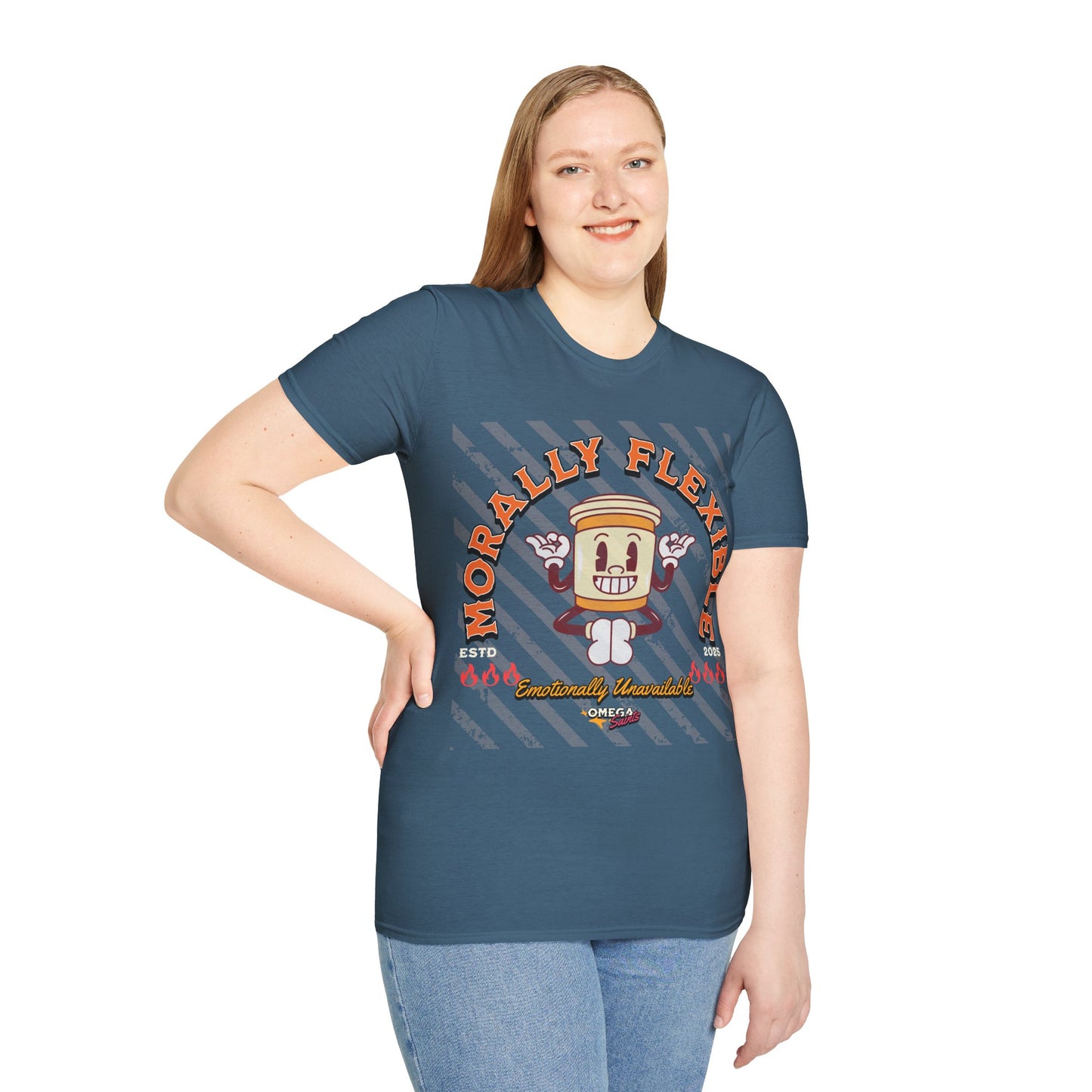 Morally Flexible, Emotionally Unavailable Printed T-Shirt – Funny Gen Z Coffee Yoga Tee Grey Blue