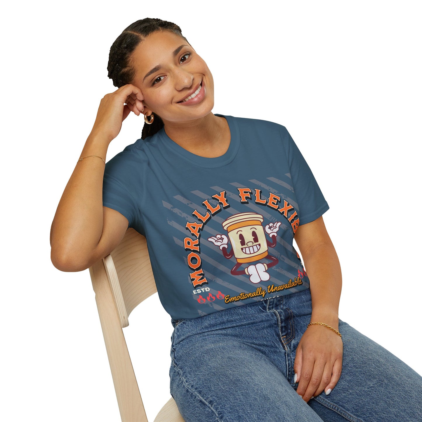 Morally Flexible, Emotionally Unavailable Printed T-Shirt – Funny Gen Z Coffee Yoga Tee Blue Grey