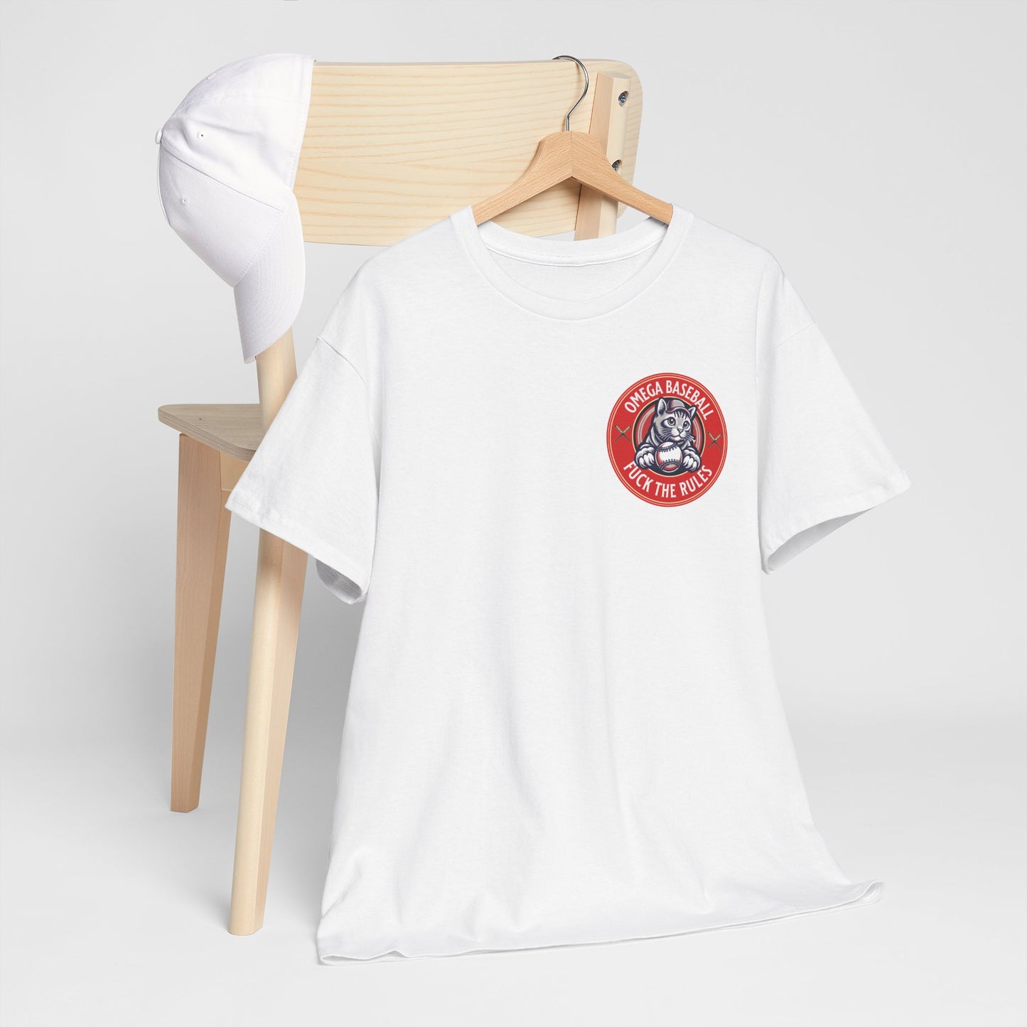 Omega Baseball Printed Tee – "F*ck the Rules" Cat Emblem Printed T-Shirt | Omega Saints White Chair