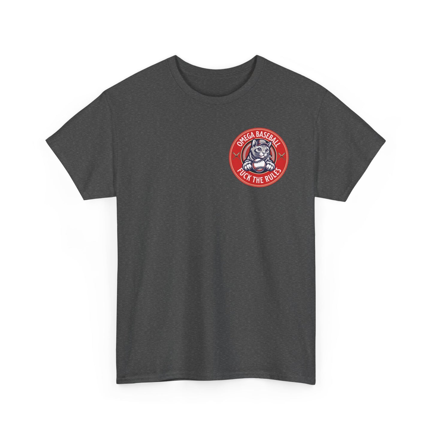 Omega Baseball Printed Tee – "F*ck the Rules" Cat Emblem Printed T-Shirt | Omega Saints Grey