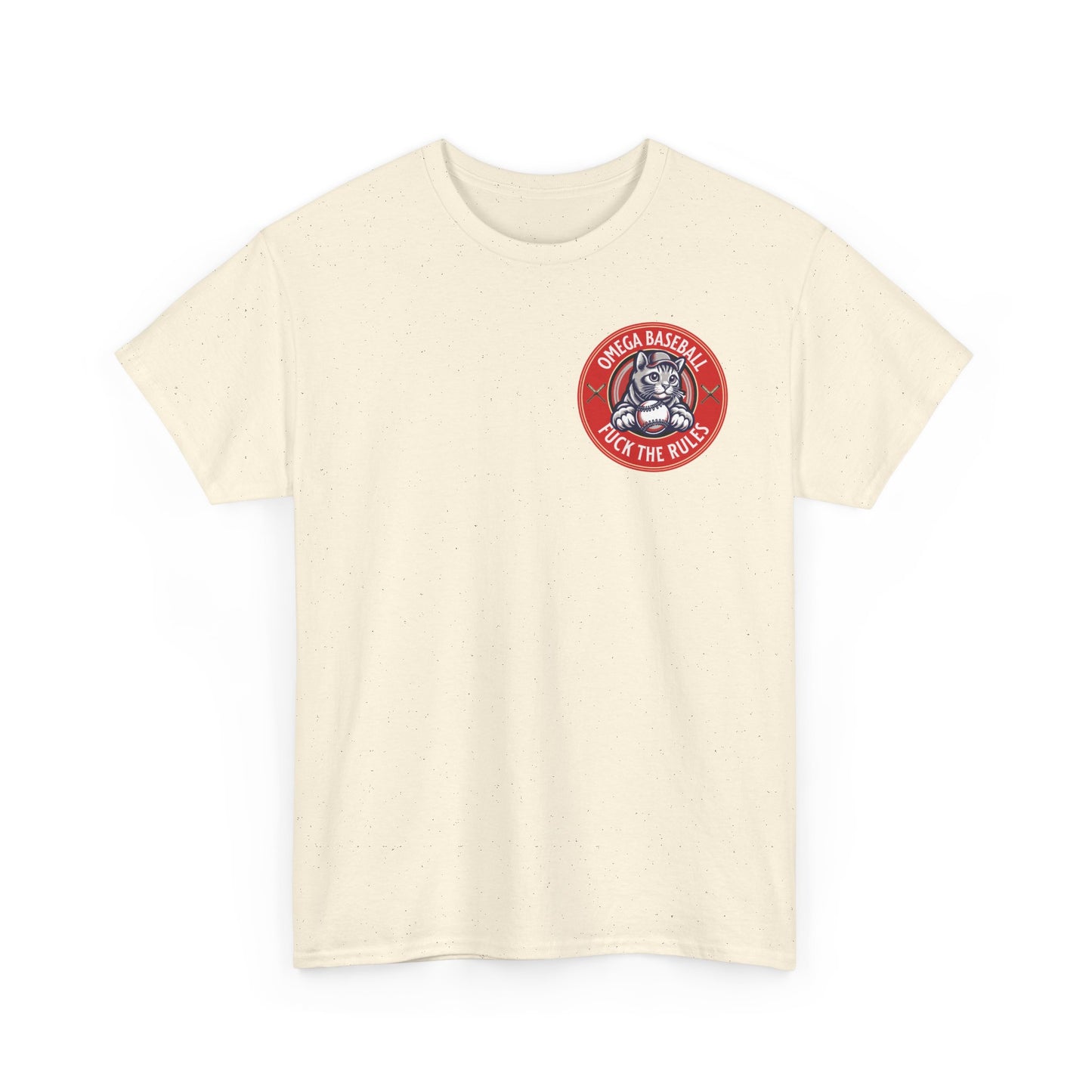 Omega Baseball Printed Tee – "F*ck the Rules" Cat Emblem Printed T-Shirt | Omega Saints Natural
