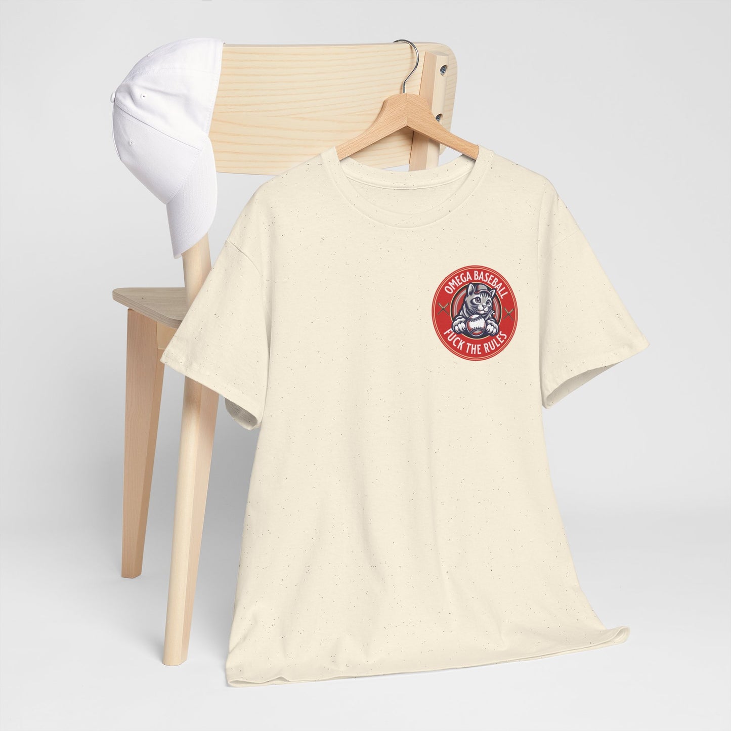 Omega Baseball Printed Tee – "F*ck the Rules" Cat Emblem Printed T-Shirt | Omega Saints Chair Hang