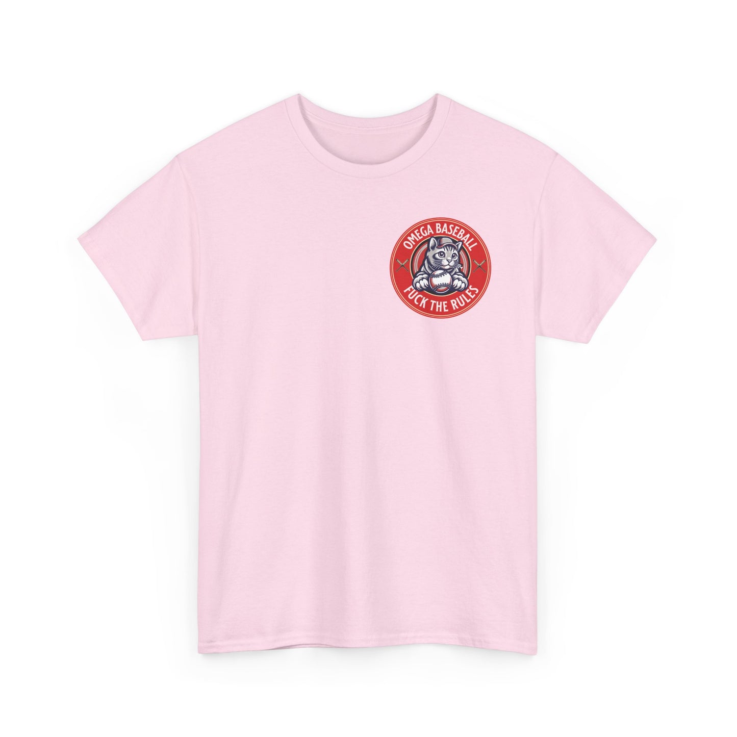 Omega Baseball Printed Tee – "F*ck the Rules" Cat Emblem Printed T-Shirt | Omega Saints Pink