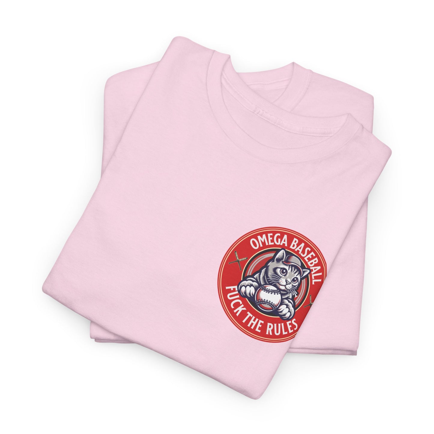 Omega Baseball Printed Tee – "F*ck the Rules" Cat Emblem Printed T-Shirt | Omega Saints Pink