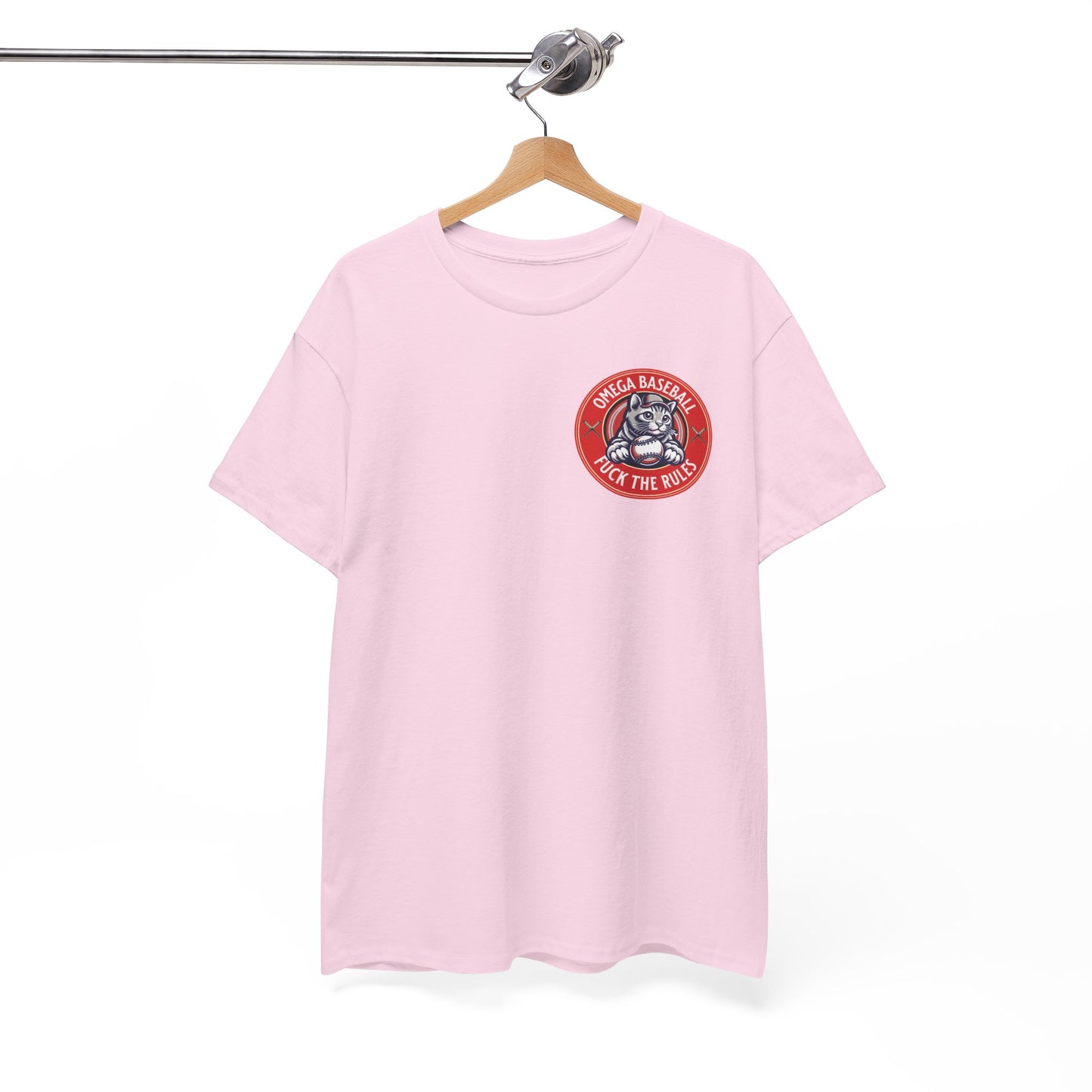Omega Baseball Printed Tee – "F*ck the Rules" Cat Emblem Printed T-Shirt | Omega Saints Pink Hanger