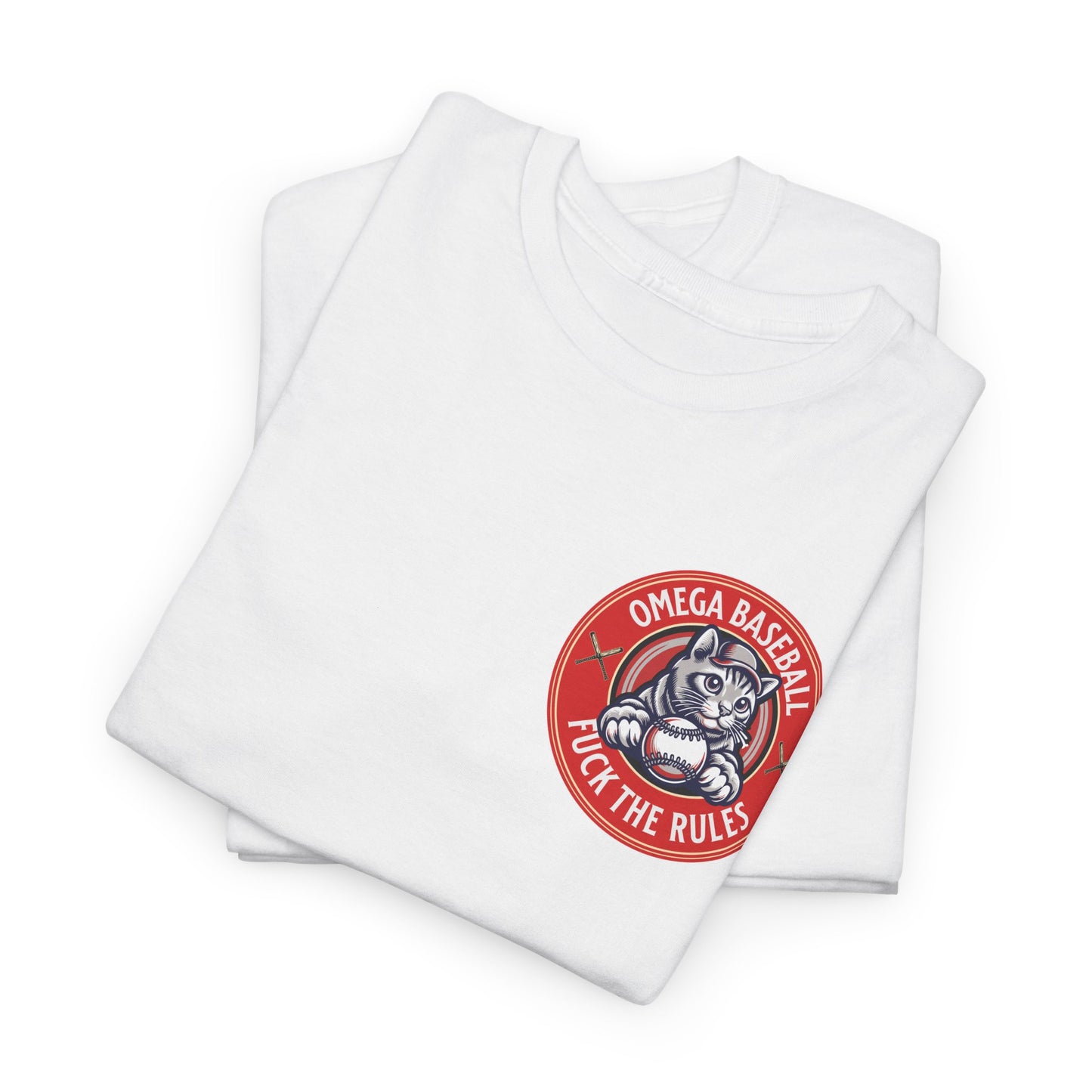 Omega Baseball Printed Tee – "F*ck the Rules" Cat Emblem Printed T-Shirt | Omega Saints White Fold