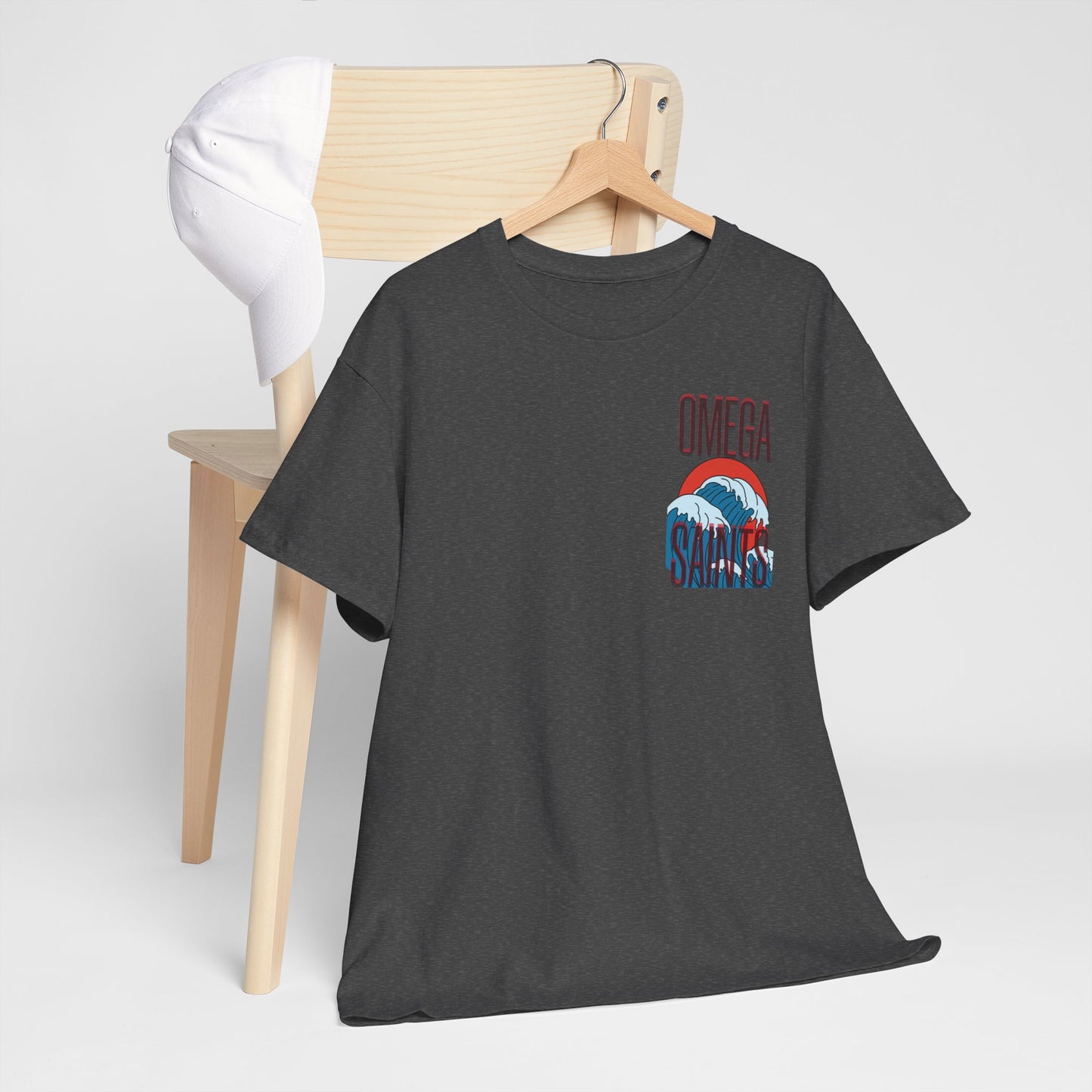 Omega Saints Logo Japanese Wave Design, Trendy 80s Retro Style Printed T-Shirt grey gold
