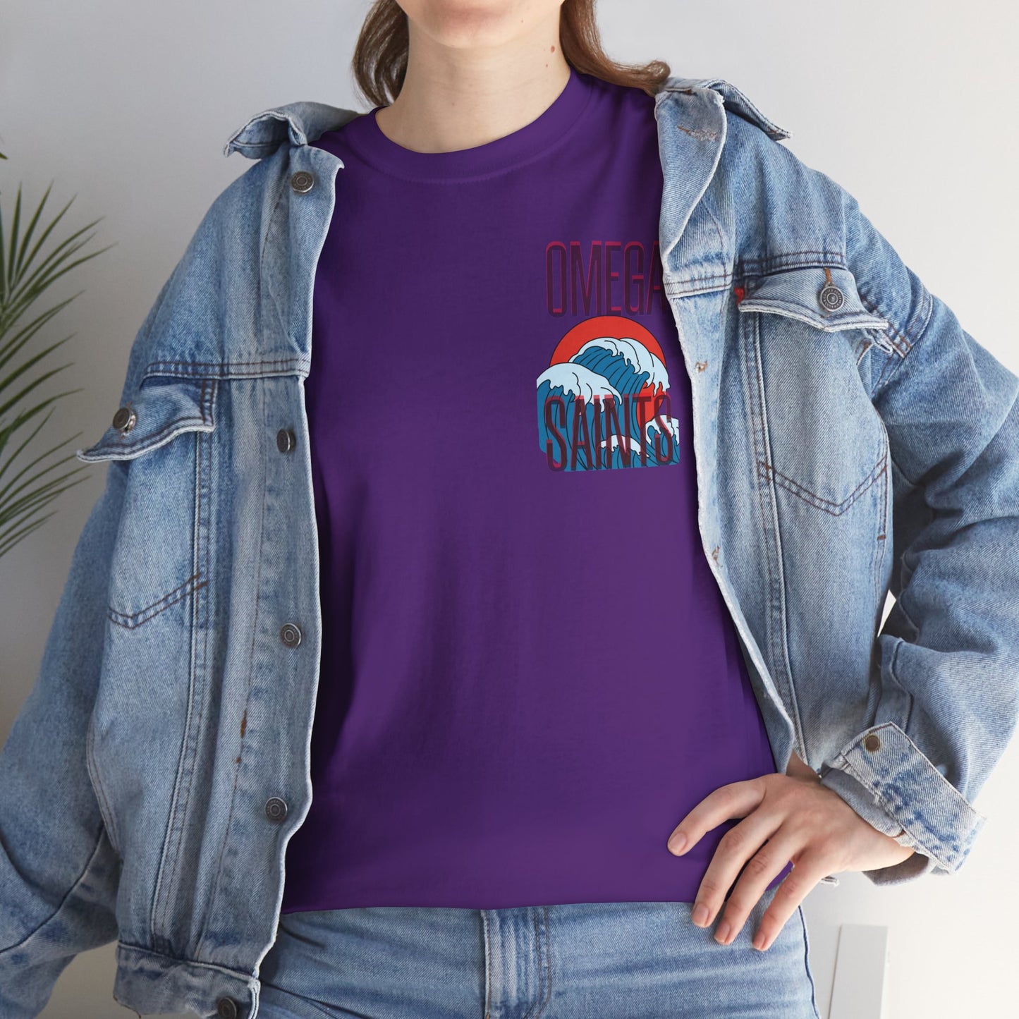 Omega Saints Logo Japanese Wave Design, Trendy 80s Retro Style Printed T-Shirt Purple