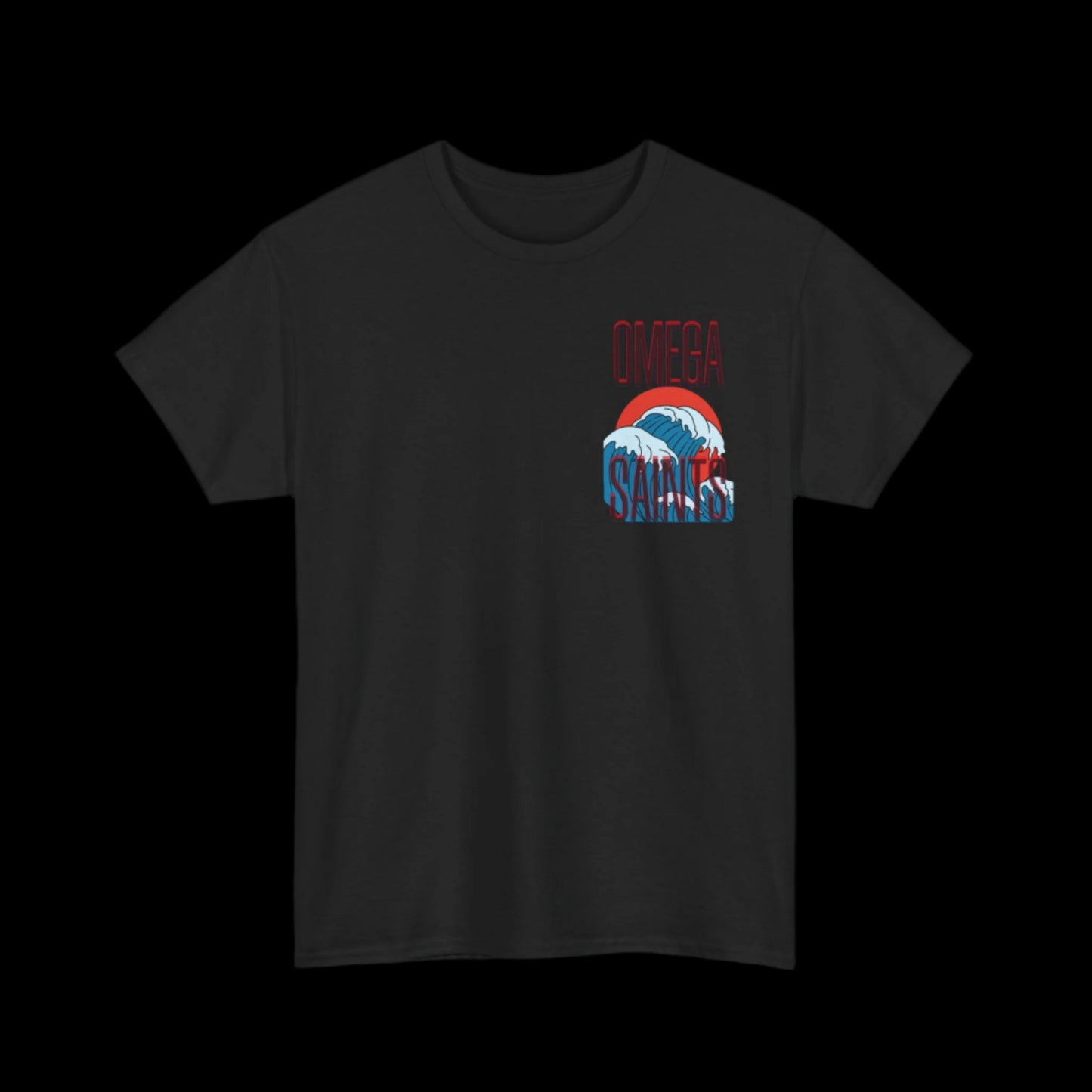 Omega Saints Logo Japanese Wave Design, Trendy 80s Retro Style Printed T-Shirt black