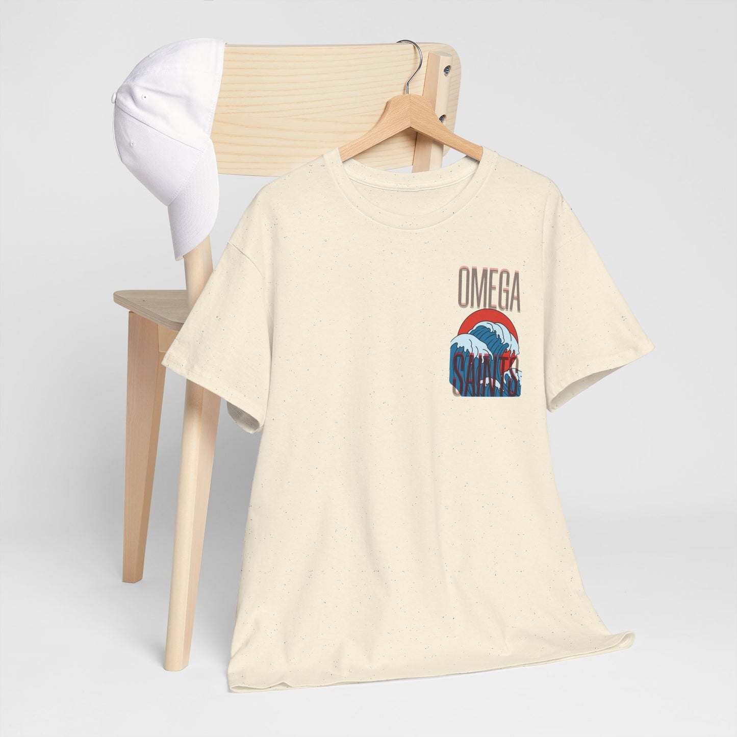 Omega Saints Logo Japanese Wave Design, Trendy 80s Retro Style Printed T-Shirt natural