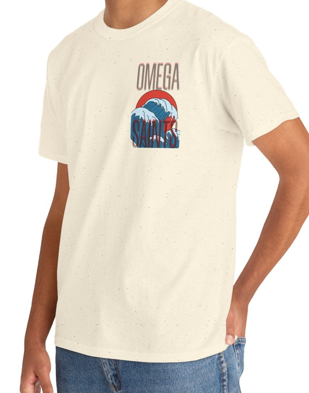 Omega Saints Logo Japanese Wave Design, Trendy 80s Retro Style Printed T-Shirt natural