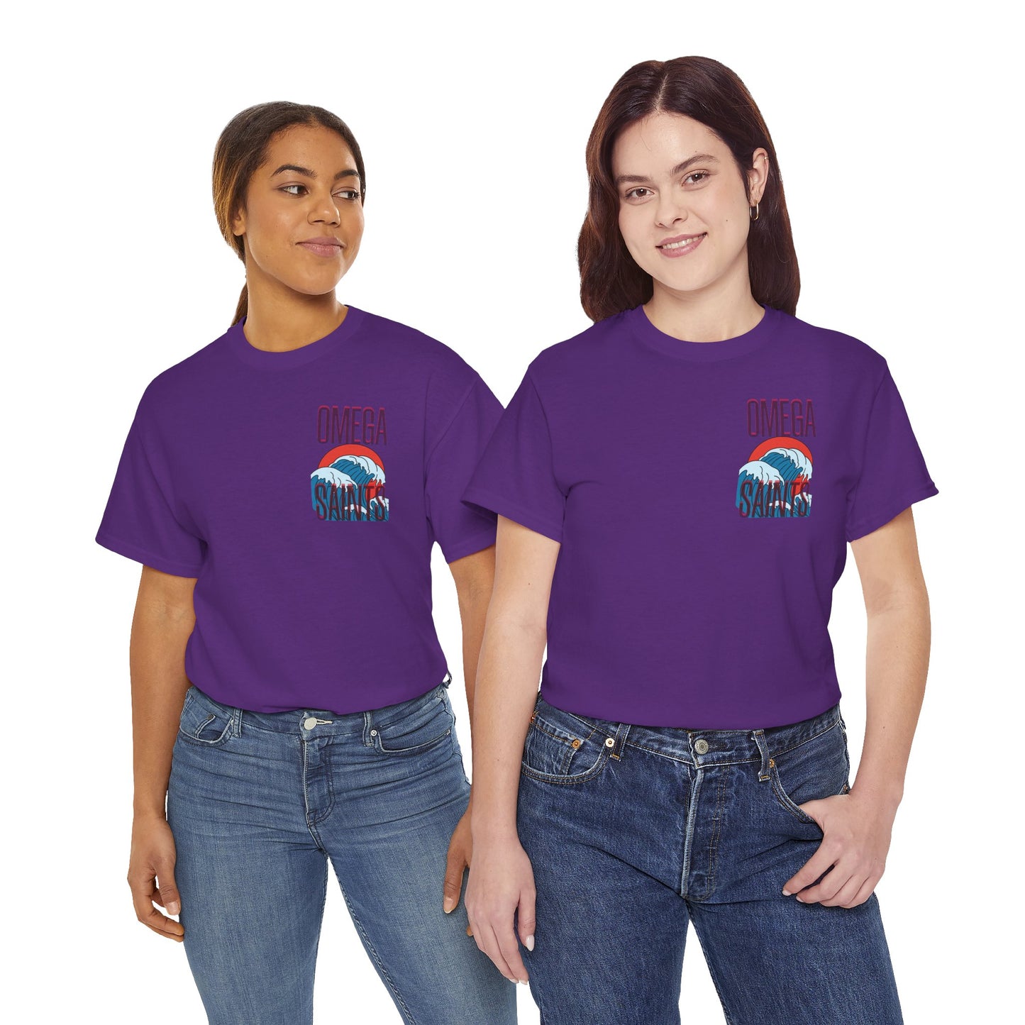 Omega Saints Logo Japanese Wave Design, Trendy 80s Retro Style Printed T-Shirt purple