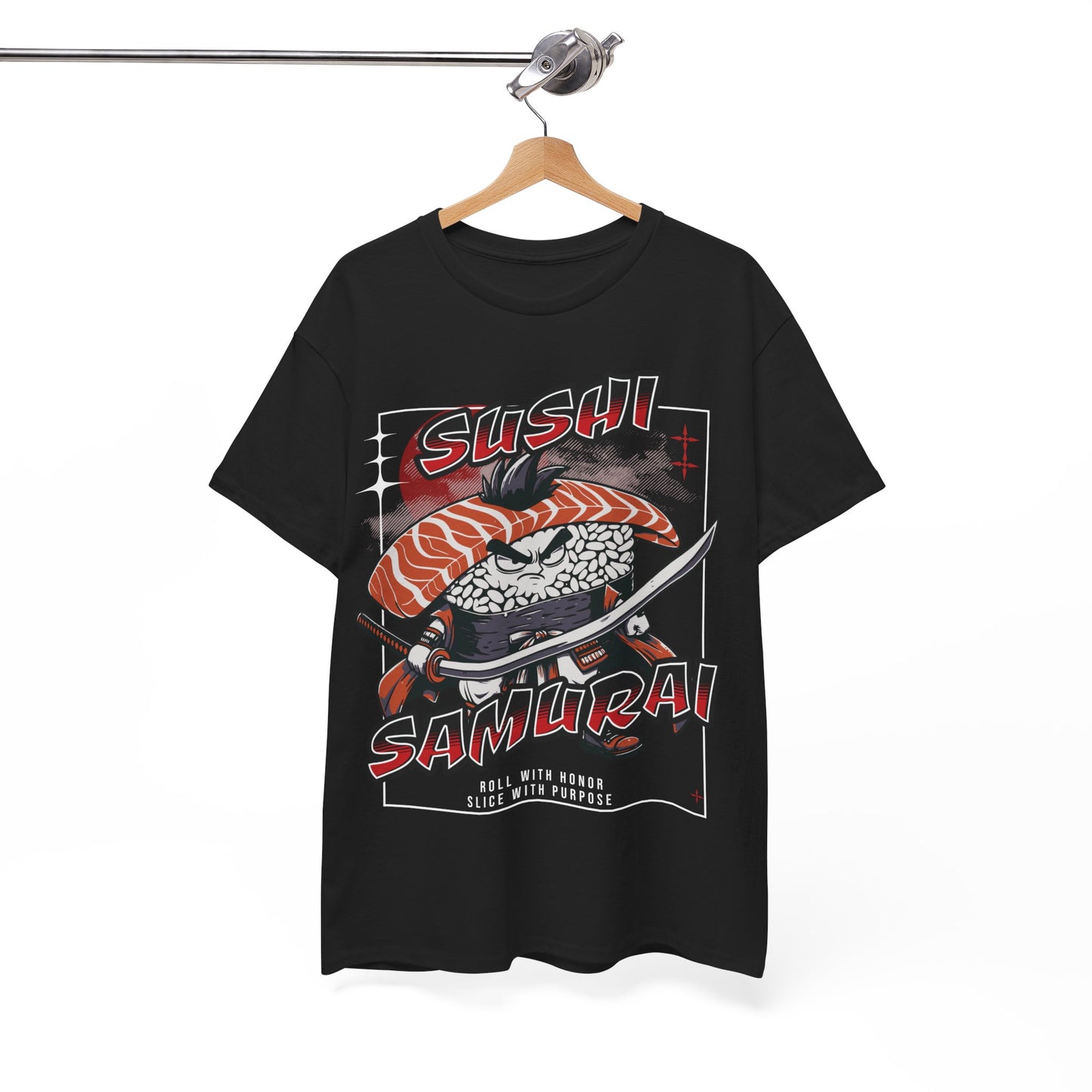 Sushi Samurai Printed T-Shirt – Roll with Honor, Slice with Purpose Black