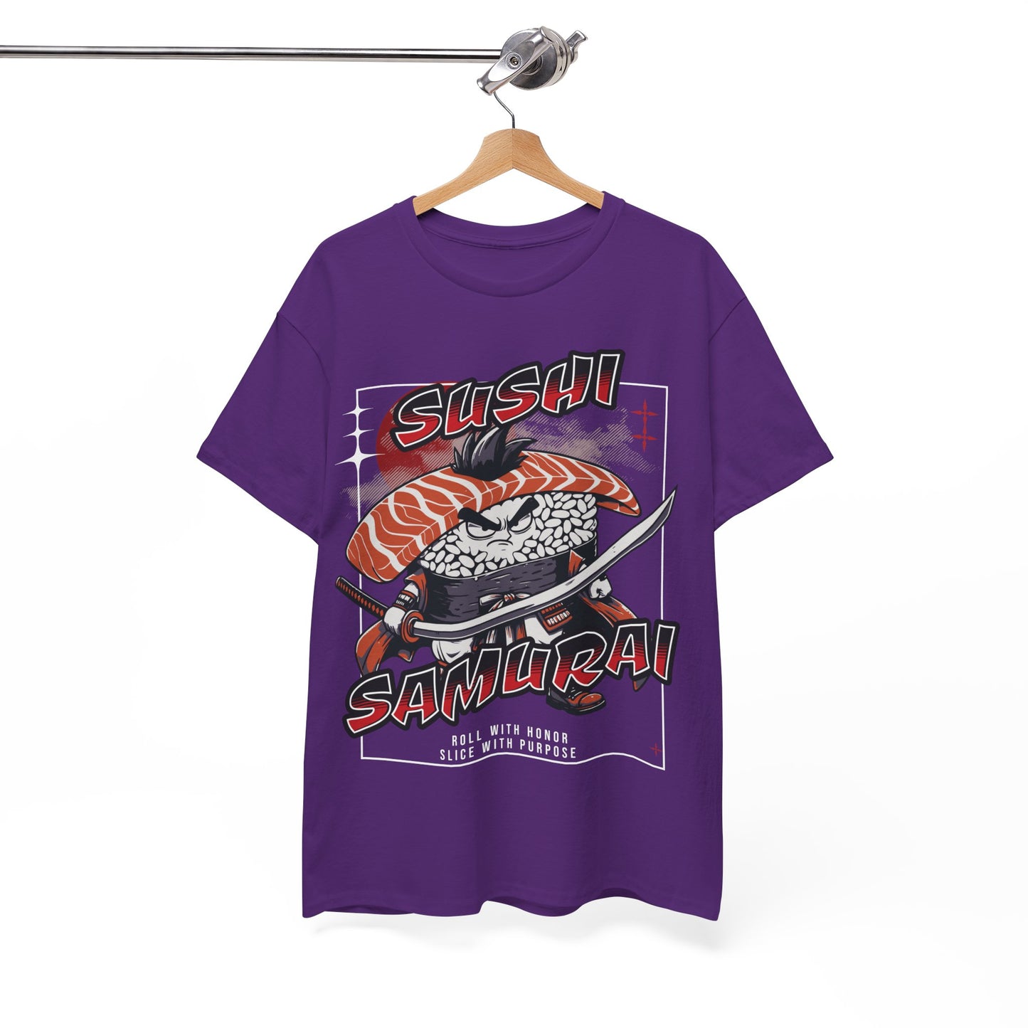Sushi Samurai Printed T-Shirt – Roll with Honor, Slice with Purpose Purple