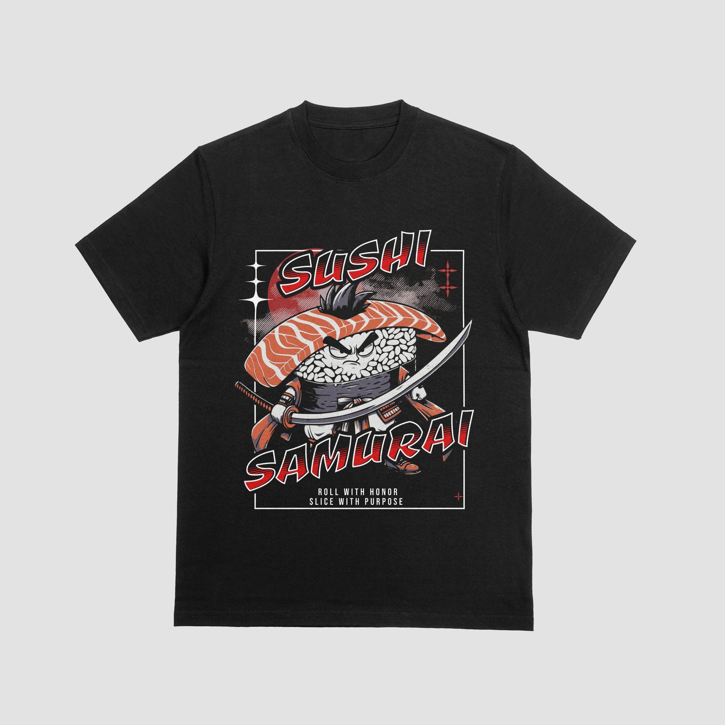Sushi Samurai Printed T-Shirt – Roll with Honor, Slice with Purpose black