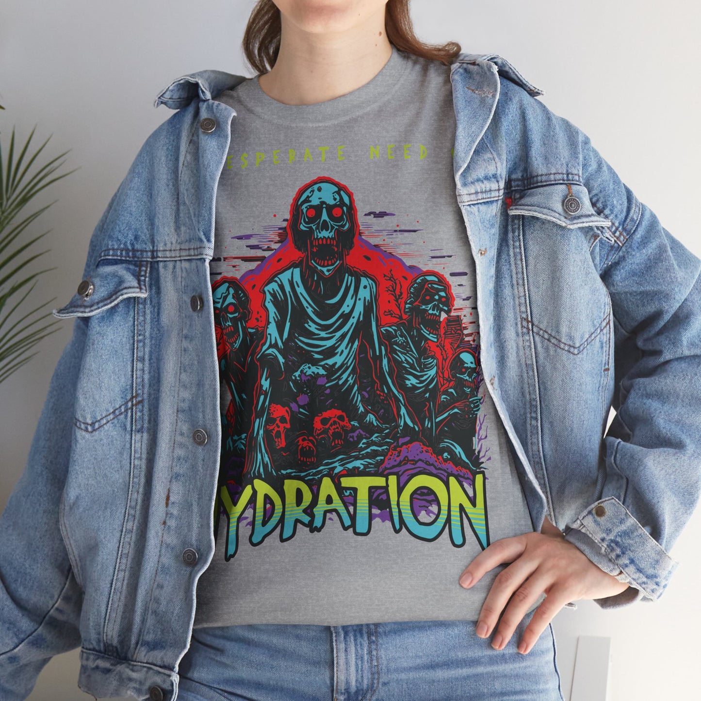 Zombie Skeleton Tee Shirt Printed T Shirt detail grey alt person stood denim