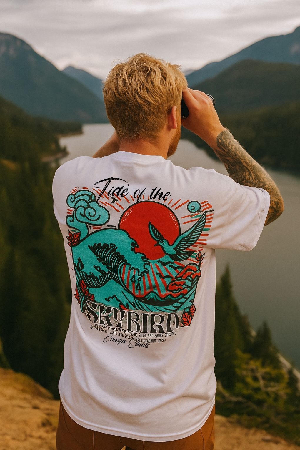 Japanese Style Printed T-Shirt Back. Man Looking out into the scenery