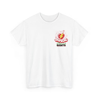 Lightning Heart T-Shirt – Small Heart & Bolt Graphic on Chest – Omega Saints Logo – Gildan 5000 Unisex Tee