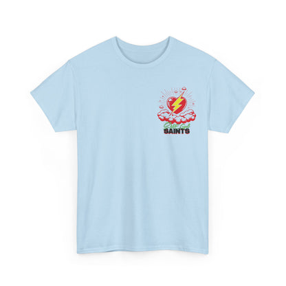 Lightning Heart T-Shirt – Small Heart & Bolt Graphic on Chest – Omega Saints Logo – Gildan 5000 Unisex Tee