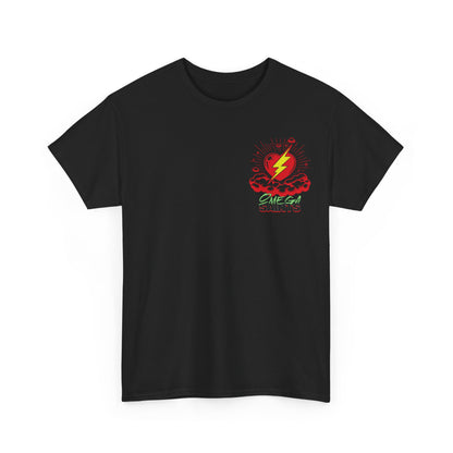 Lightning Heart T-Shirt – Small Heart & Bolt Graphic on Chest – Omega Saints Logo – Gildan 5000 Unisex Tee