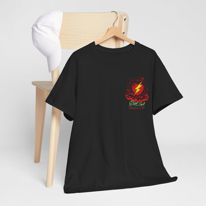 Lightning Heart T-Shirt – Small Heart & Bolt Graphic on Chest – Omega Saints Logo – Gildan 5000 Unisex Tee