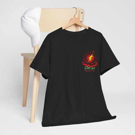 Lightning Heart T-Shirt – Small Heart & Bolt Graphic on Chest – Omega Saints Logo – Gildan 5000 Unisex Tee