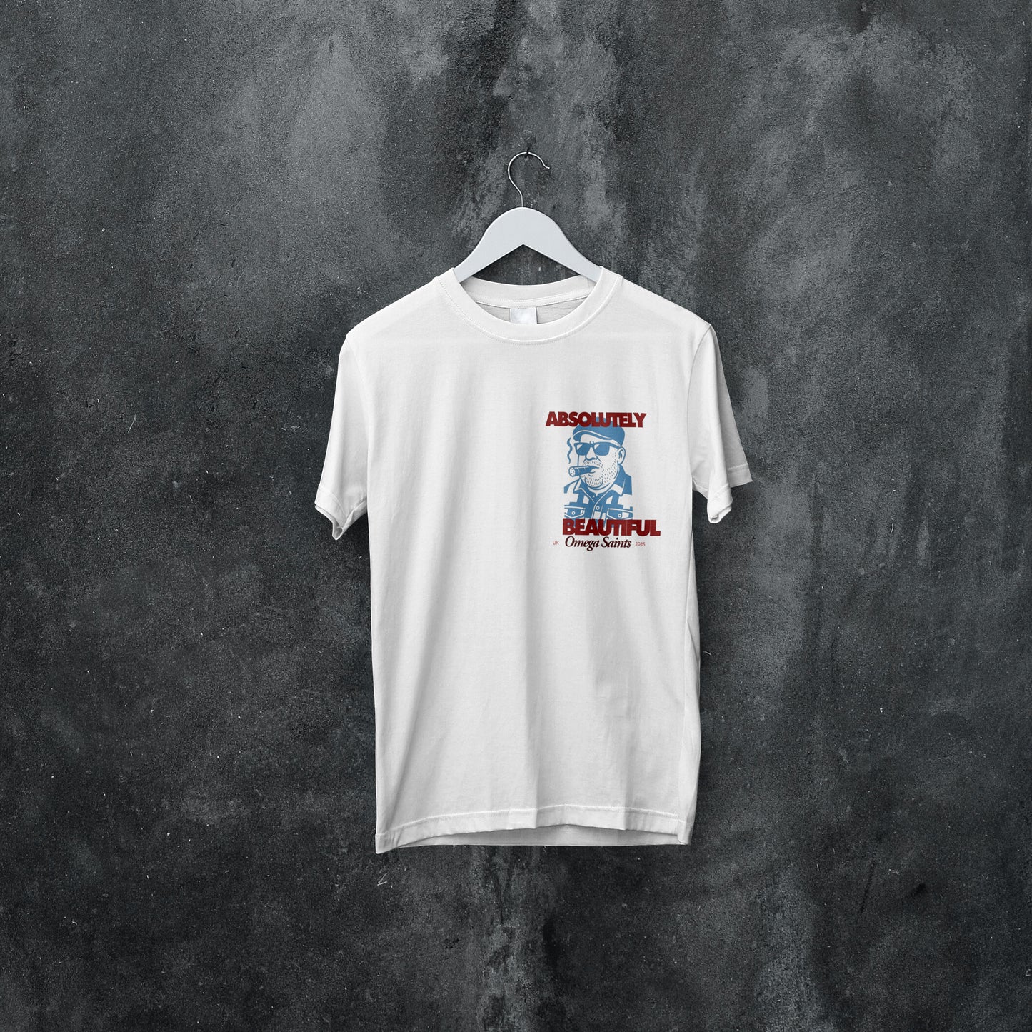 White t-shirt with graphic design on a hanger against a textured gray background graphic tshirt graphic tee for men and women