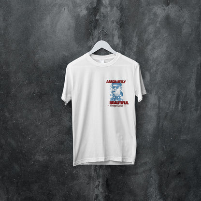 White t-shirt with graphic design on a hanger against a textured gray background graphic tshirt graphic tee for men and women