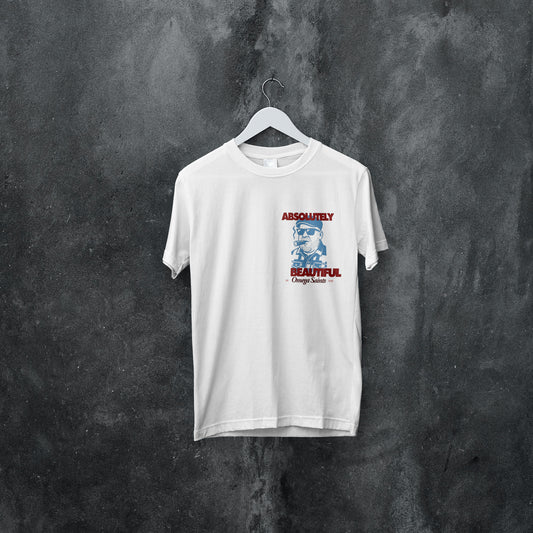 White t-shirt with graphic design on a hanger against a textured gray background graphic tshirt graphic tee for men and women