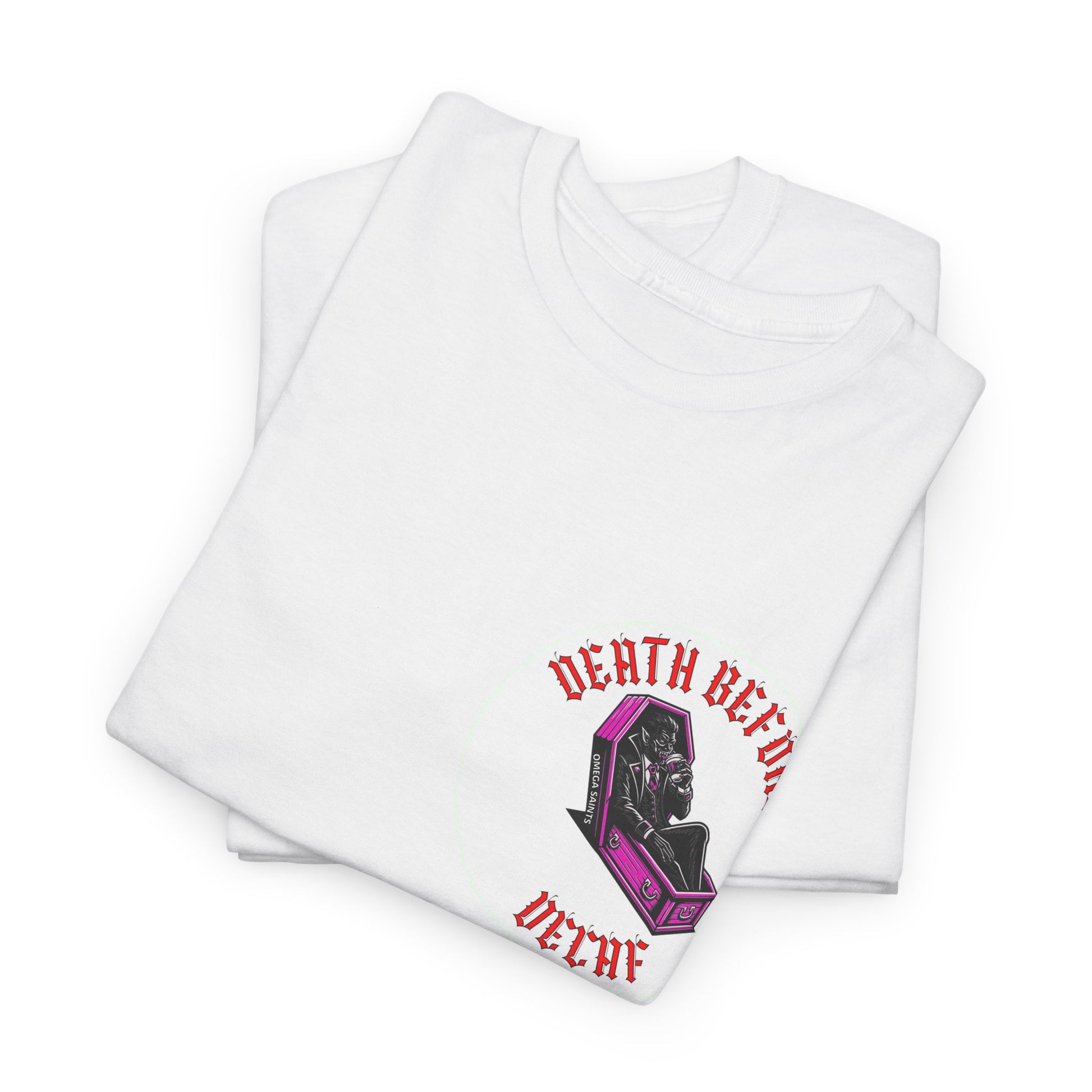 Death Before Decaf | Dracula Coffee T-Shirt Printed T Shirt detail closer
