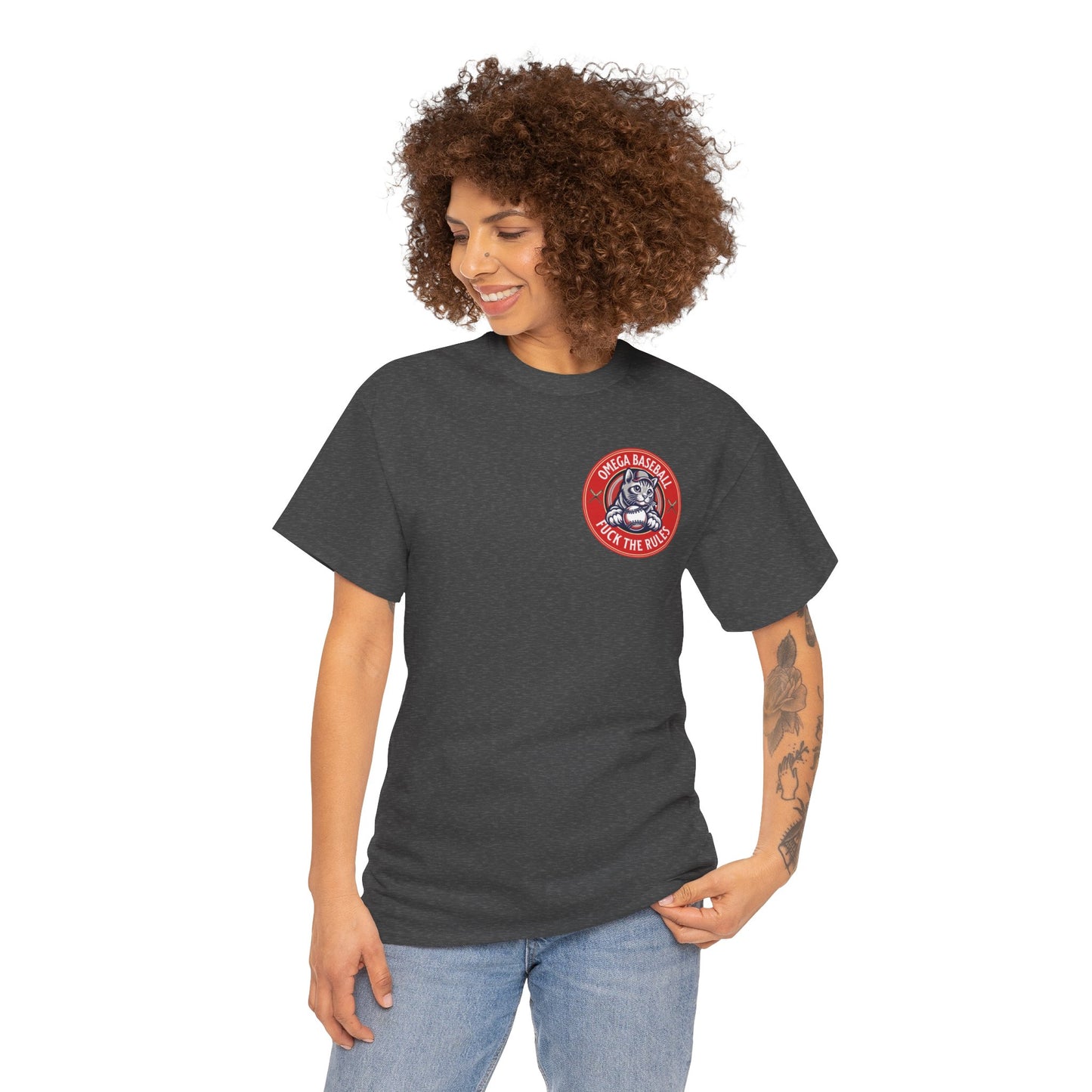 Omega Baseball Printed Tee – "F*ck the Rules" Cat Emblem Printed T-Shirt | Omega Saints Grey Person