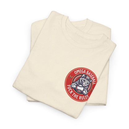Omega Baseball Printed Tee – "F*ck the Rules" Cat Emblem Printed T-Shirt | Omega Saints Natural Fold