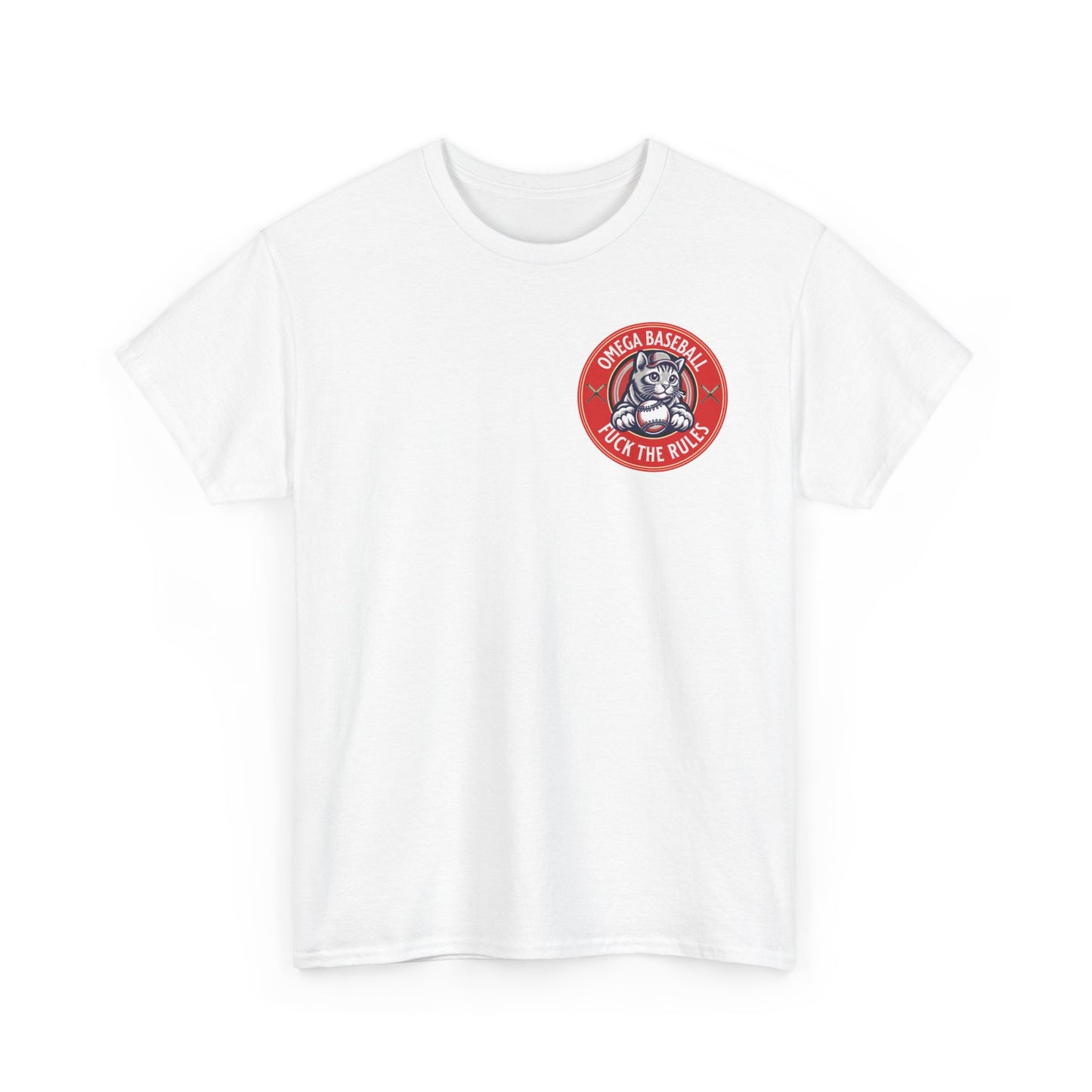 Omega Baseball Printed Tee – "F*ck the Rules" Cat Emblem Printed T-Shirt | Omega Saints White