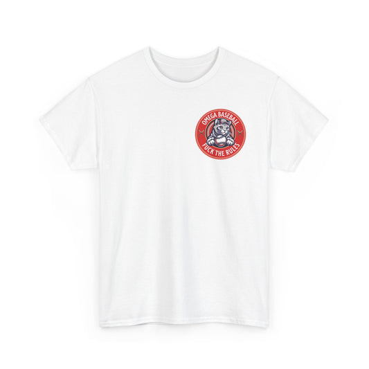 Omega Baseball Printed Tee – "F*ck the Rules" Cat Emblem Printed T-Shirt | Omega Saints White
